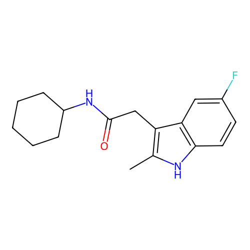 N-cyclohexyl-2-(5-fluoro-2-methyl-1H-indol-3-yl)acetamide structure