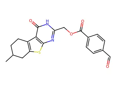 (7-methyl-4-oxo-5,6,7,8-tetrahydro-3H-[1]benzothiolo[2,3-d]pyrimidin-2-yl)methyl 4-formylbenzoate structure