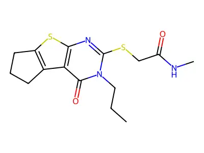 N-methyl-2-[(1-oxidanylidene-2-propyl-7,8-dihydro-6H-cyclopenta[2,3]thieno[2,4-b]pyrimidin-3-yl)sulfanyl]ethanamide structure