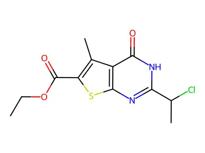ethyl 2-(1-chloroethyl)-5-methyl-4-oxo-3H,4H-thieno[2,3-d]pyrimidine-6-carboxylate structure