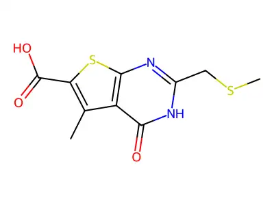 5-methyl-2-[(methylsulfanyl)methyl]-4-oxo-3H,4H-thieno[2,3-d]pyrimidine-6-carboxylic acid structure