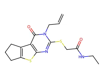 N-ethyl-2-[(12-oxo-11-prop-2-enyl-7-thia-9,11-diazatricyclo[6.4.0.02,6]dodeca-1(8),2(6),9-trien-10-yl)sulfanyl]acetamide structure