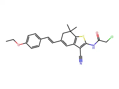 2-chloro-N-{3-cyano-5-[2-(4-ethoxyphenyl)ethenyl]-7,7-dimethyl-6,7-dihydro-1-benzothiophen-2-yl}acetamide structure