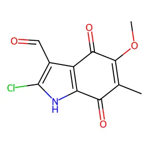 2-chloro-5-methoxy-6-methyl-4,7-dioxo-1H-indole-3-carbaldehyde structure