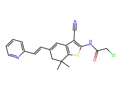 2-chloro-N-{3-cyano-7,7-dimethyl-5-[(1E)-2-(pyridin-2-yl)ethenyl]-6,7-dihydro-1-benzothiophen-2-yl}acetamide structure