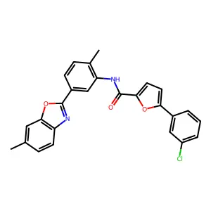 5-(3-chlorophenyl)-N-[2-methyl-5-(6-methyl-1,3-benzoxazol-2-yl)phenyl]furan-2-carboxamide structure
