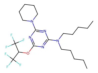4-(1,1,1,3,3,3-hexafluoropropan-2-yloxy)-N,N-dipentyl-6-piperidin-1-yl-1,3,5-triazin-2-amine structure