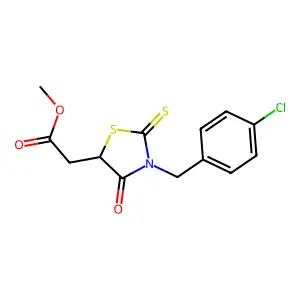methyl 2-[3-[(4-chlorophenyl)methyl]-4-oxo-2-sulfanylidene-1,3-thiazolidin-5-yl]acetate structure