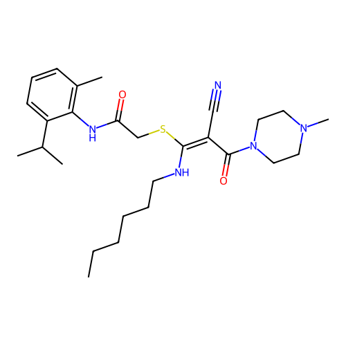 2-[(E)-2-cyano-1-(hexylamino)-3-(4-methylpiperazin-1-yl)-3-oxoprop-1-enyl]sulfanyl-N-(2-methyl-6-propan-2-ylphenyl)acetamide structure