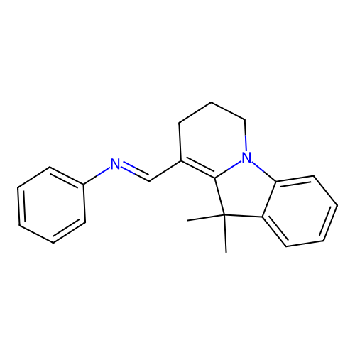 (E)-N-((10,10-dimethyl-6,7,8,10-tetrahydropyrido[1,2-a]indol-9-yl)methylene)aniline structure
