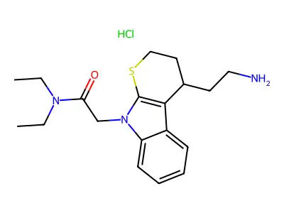 Thiopyrano(2,3-b)indole-9-acetamide, 2,3,4,9-tetrahydro-N,N-diethyl-4-((methylamino)methyl)-, monohydrochloride structure