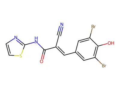2-cyano-3-(3,5-dibromo-4-hydroxyphenyl)-N-(1,3-thiazol-2-yl)prop-2-enamide structure