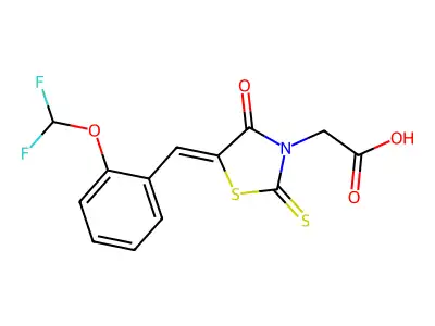 2-[(5E)-5-[[2-(difluoromethoxy)phenyl]methylidene]-4-oxo-2-sulfanylidene-1,3-thiazolidin-3-yl]acetic acid structure