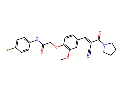 N-(4-bromophenyl)-2-[4-(2-cyano-3-oxo-3-pyrrolidin-1-yl-prop-1-enyl)-2-methoxy-phenoxy]acetamide structure
