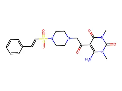 6-amino-1,3-dimethyl-5-[2-[4-(2-phenylethenylsulfonyl)piperazin-1-yl]acetyl]pyrimidine-2,4-dione structure