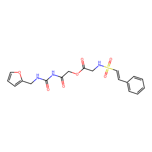2-furylmethylcarbamoylcarbamoylmethyl 2-(2-phenylethenylsulfonylamino)acetate structure