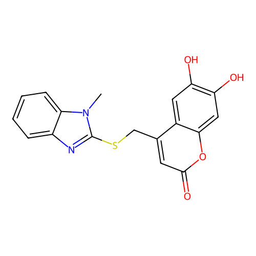 6,7-dihydroxy-4-((1-methyl-1H-benzo[d]imidazol-2-ylthio)methyl)-2H-chromen-2-one structure