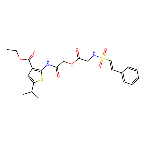 ethyl 2-(2-{[2-(2-phenylethenesulfonamido)acetyl]oxy}acetamido)-5-(propan-2-yl)thiophene-3-carboxylate structure