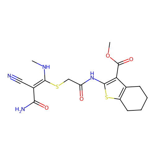 methyl 2-[[2-[3-amino-2-cyano-1-(methylamino)-3-oxoprop-1-enyl]sulfanylacetyl]amino]-4,5,6,7-tetrahydro-1-benzothiophene-3-carboxylate structure
