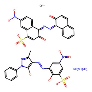 Chromate(3-), (3-((4,5-dihydro-3-methyl-5-(oxo-kappaO)-1-phenyl-1H-pyrazol-4-yl)azo-kappaN1)-2-(hydroxy-kappaO)-5-nitrobenzenesulfonato(3-))(3-(hydroxy-kappaO)-4-((2-(hydroxy-kappaO)-1-naphthalenyl)azo-kappaN1)-7-nitro-1-naphthalenesulfonato(3-))-, triammonium structure