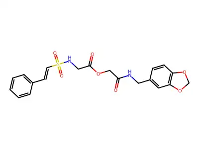 {[(1,3-dioxaindan-5-yl)methyl]carbamoyl}methyl 2-(2-phenylethenesulfonamido)acetate structure