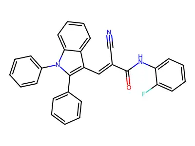 2-cyano-3-(1,2-diphenyl-1H-indol-3-yl)-N-(2-fluorophenyl)prop-2-enamide structure