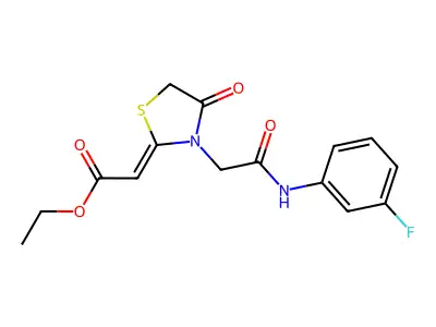 {3-[(3-Fluoro-phenylcarbamoyl)-methyl]-4-oxo-thiazolidin-2-ylidene}-acetic acid ethyl ester structure