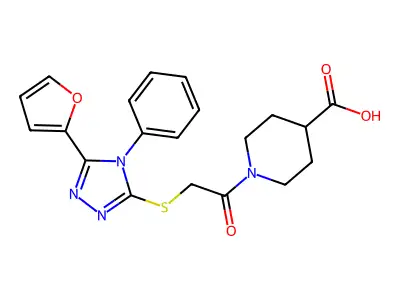 1-(2-{[5-(furan-2-yl)-4-phenyl-4H-1,2,4-triazol-3-yl]sulfanyl}acetyl)piperidine-4-carboxylic acid structure
