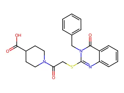 1-{2-[(3-benzyl-4-oxo-3,4-dihydroquinazolin-2-yl)sulfanyl]acetyl}piperidine-4-carboxylic acid structure