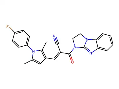 (E)-3-[1-(4-bromophenyl)-2,5-dimethylpyrrol-3-yl]-2-(1,2-dihydroimidazo[1,2-a]benzimidazole-3-carbonyl)prop-2-enenitrile structure