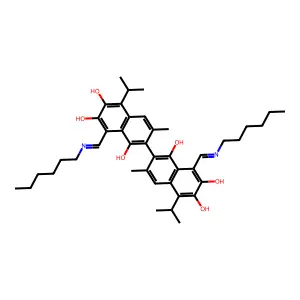 (2,2'-Binaphthalene)-1,1',6,6',7,7'-hexol, 8,8'-bis((E)-(hexylimino)methyl)-3,3'-dimethyl-5,5'-bis(1-methylethyl)- structure