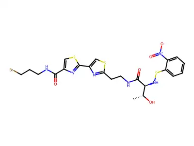 N-(3-bromopropyl)-2-[2-[2-[[(2S,3R)-3-hydroxy-2-[(2-nitrophenyl)sulfanylamino]butanoyl]amino]ethyl]-1,3-thiazol-4-yl]-1,3-thiazole-4-carboxamide structure