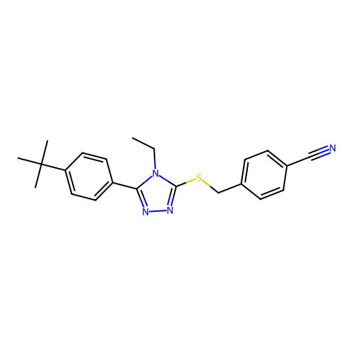 4-({[5-(4-tert-butylphenyl)-4-ethyl-4H-1,2,4-triazol-3-yl]sulfanyl}methyl)benzonitrile structure
