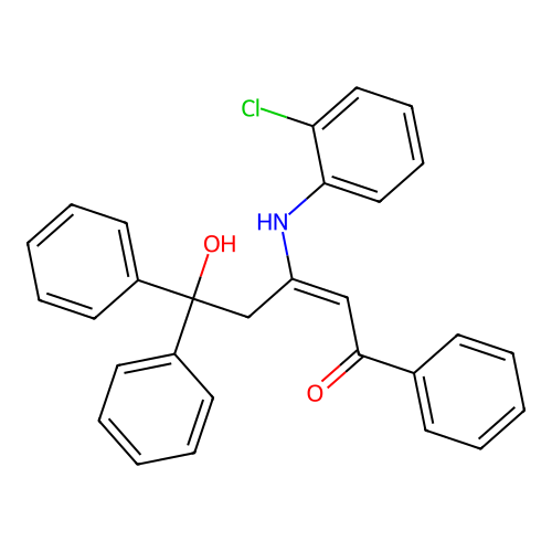 (E)-3-(2-chloroanilino)-5-hydroxy-1,5,5-triphenylpent-2-en-1-one structure