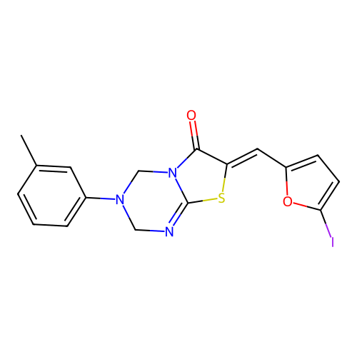 (7Z)-7-[(5-iodofuran-2-yl)methylidene]-3-(3-methylphenyl)-3,4-dihydro-2H-[1,3]thiazolo[3,2-a][1,3,5]triazin-6(7H)-one structure