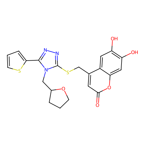 6,7-dihydroxy-4-[({4-[(oxolan-2-yl)methyl]-5-(thiophen-2-yl)-4H-1,2,4-triazol-3-yl}sulfanyl)methyl]-2H-chromen-2-one structure