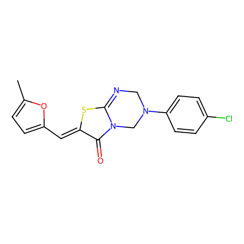 (7Z)-3-(4-chlorophenyl)-7-[(5-methylfuran-2-yl)methylidene]-3,4-dihydro-2H-[1,3]thiazolo[3,2-a][1,3,5]triazin-6(7H)-one structure