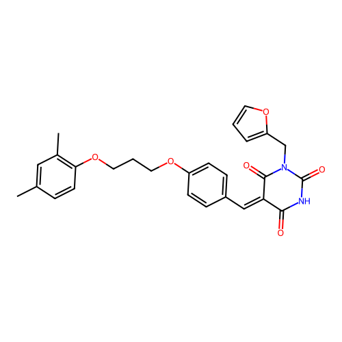 (5Z)-5-{4-[3-(2,4-dimethylphenoxy)propoxy]benzylidene}-1-(furan-2-ylmethyl)pyrimidine-2,4,6(1H,3H,5H)-trione structure
