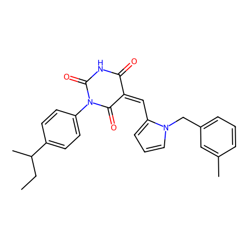 (Z)-1-(4-(sec-butyl)phenyl)-5-((1-(3-methylbenzyl)-1H-pyrrol-2-yl)methylene)pyrimidine-2,4,6(1H,3H,5H)-trione structure