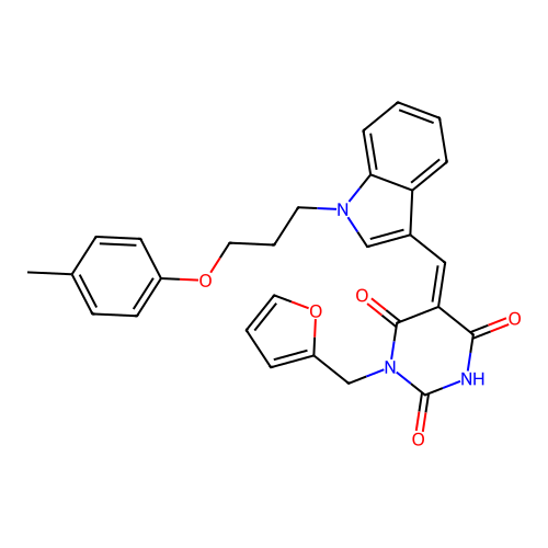 (5Z)-1-(furan-2-ylmethyl)-5-({1-[3-(4-methylphenoxy)propyl]-1H-indol-3-yl}methylidene)pyrimidine-2,4,6(1H,3H,5H)-trione structure