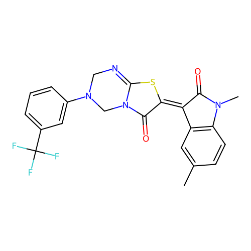 (7Z)-7-(1,5-dimethyl-2-oxo-1,2-dihydro-3H-indol-3-ylidene)-3-[3-(trifluoromethyl)phenyl]-3,4-dihydro-2H-[1,3]thiazolo[3,2-a][1,3,5]triazin-6(7H)-one structure