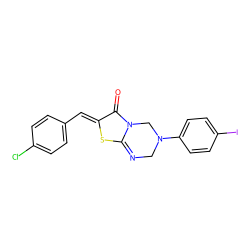 (7Z)-7-(4-chlorobenzylidene)-3-(4-iodophenyl)-3,4-dihydro-2H-[1,3]thiazolo[3,2-a][1,3,5]triazin-6(7H)-one structure