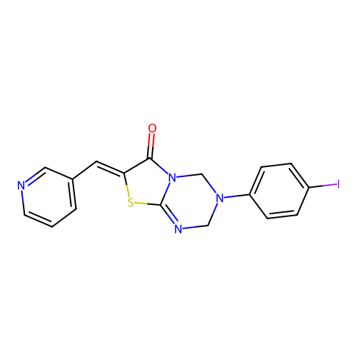 (7Z)-3-(4-iodophenyl)-7-(pyridin-3-ylmethylidene)-3,4-dihydro-2H-[1,3]thiazolo[3,2-a][1,3,5]triazin-6(7H)-one structure