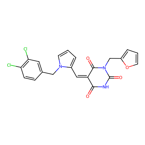 (5Z)-5-[[1-[(3,4-dichlorophenyl)methyl]pyrrol-2-yl]methylidene]-1-(furan-2-ylmethyl)-1,3-diazinane-2,4,6-trione structure