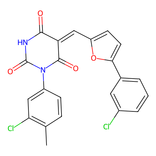 (5Z)-1-(3-chloro-4-methylphenyl)-5-{[5-(3-chlorophenyl)furan-2-yl]methylidene}pyrimidine-2,4,6(1H,3H,5H)-trione structure