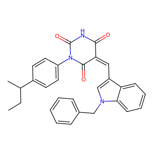 (5Z)-5-[(1-benzyl-1H-indol-3-yl)methylidene]-1-[4-(butan-2-yl)phenyl]pyrimidine-2,4,6(1H,3H,5H)-trione structure