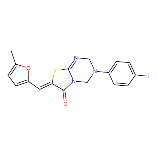 (7Z)-3-(4-iodophenyl)-7-[(5-methylfuran-2-yl)methylidene]-3,4-dihydro-2H-[1,3]thiazolo[3,2-a][1,3,5]triazin-6(7H)-one structure