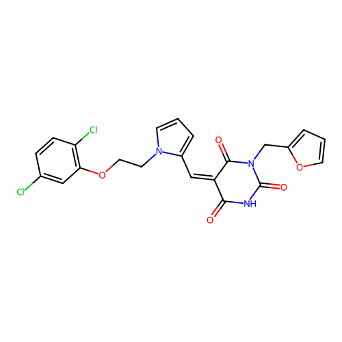 (5Z)-5-[[1-[2-(2,5-dichlorophenoxy)ethyl]pyrrol-2-yl]methylidene]-1-(furan-2-ylmethyl)-1,3-diazinane-2,4,6-trione structure