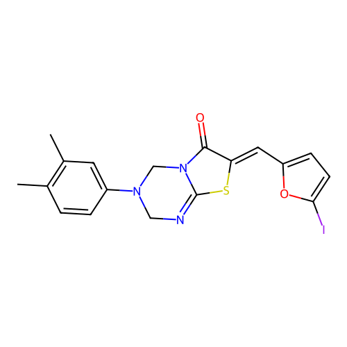 (7Z)-3-(3,4-dimethylphenyl)-7-[(5-iodofuran-2-yl)methylidene]-3,4-dihydro-2H-[1,3]thiazolo[3,2-a][1,3,5]triazin-6(7H)-one structure