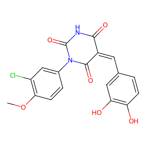 (5Z)-1-(3-chloro-4-methoxyphenyl)-5-(3,4-dihydroxybenzylidene)pyrimidine-2,4,6(1H,3H,5H)-trione structure